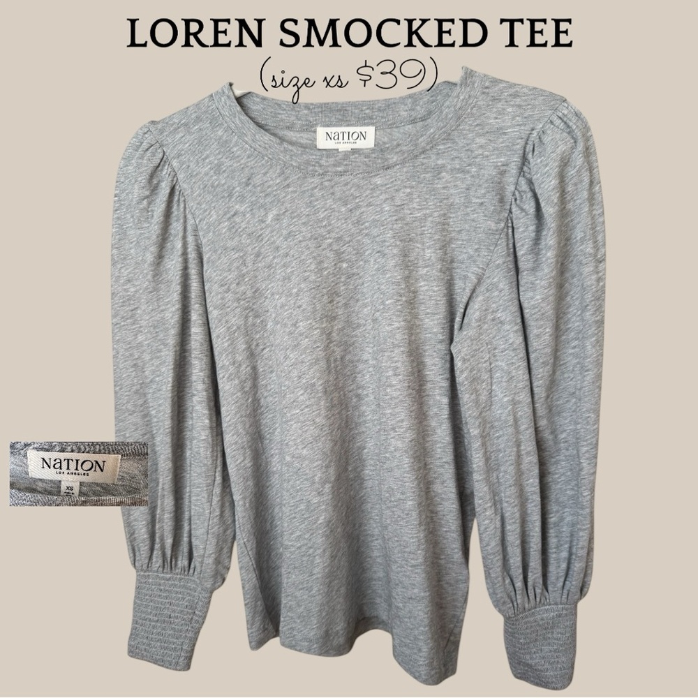 Nation LTD Loren Smocked Long Sleeve Tee in Heather Gray